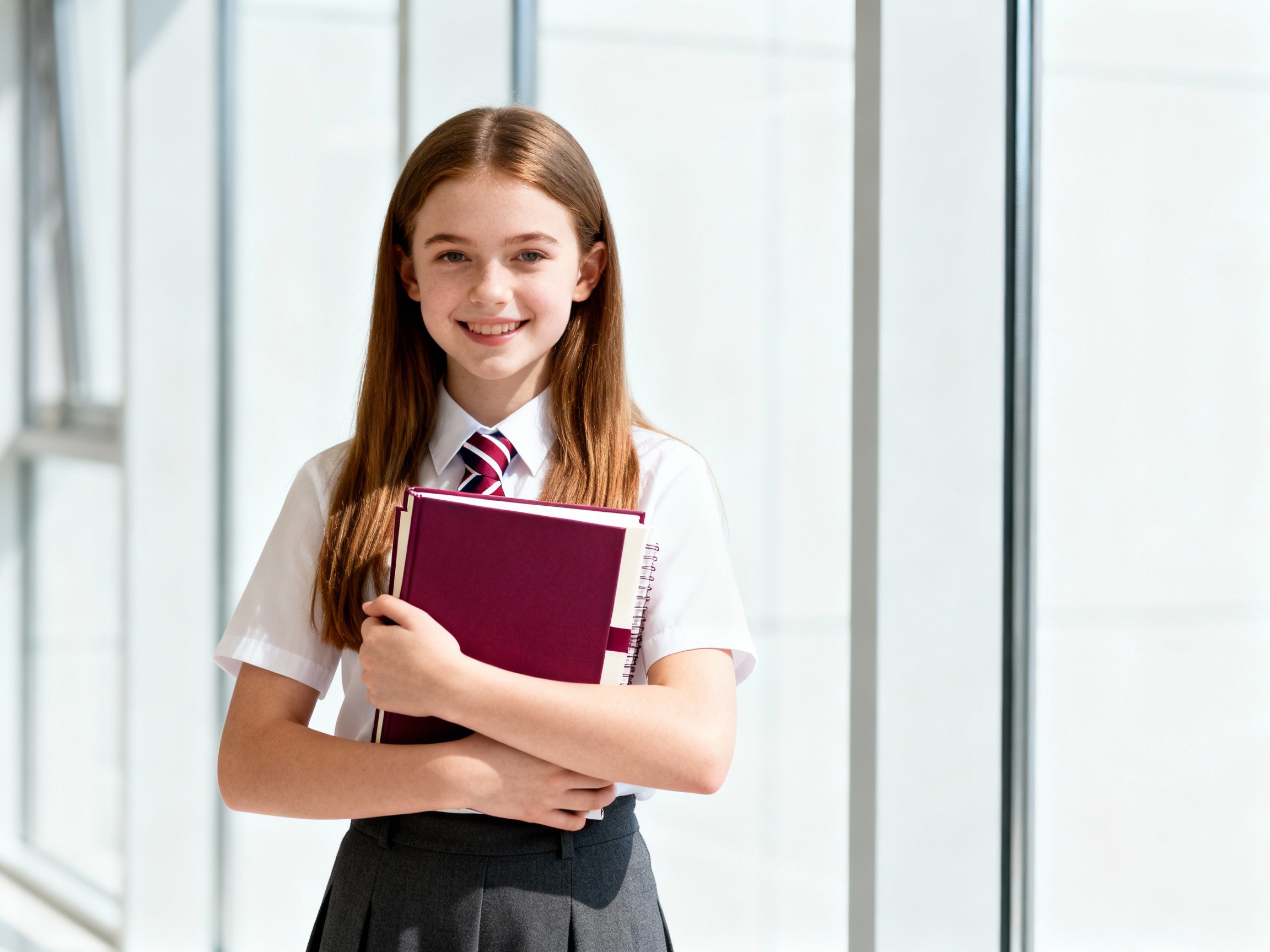Confident student holding books with light maroon branding elements